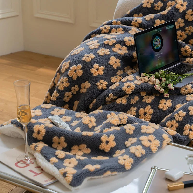 Afralia™ Vintage Floral Jacquard Lamb Wool Blanket for Bedroom Sofa Luxury Single Shawl