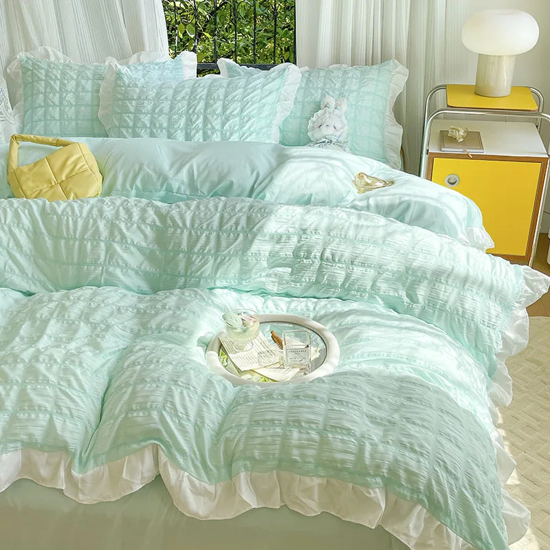 Afralia™ Bubble Cotton Lace Bedding Set: Super Soft, Cooling, Breathable, Solid Color, Summer Comfort.