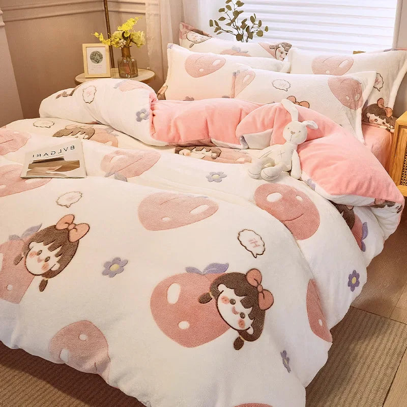 Afralia™ Winter Warm Heart Print Duvet Cover Set for Double Bed - 3 Piece
