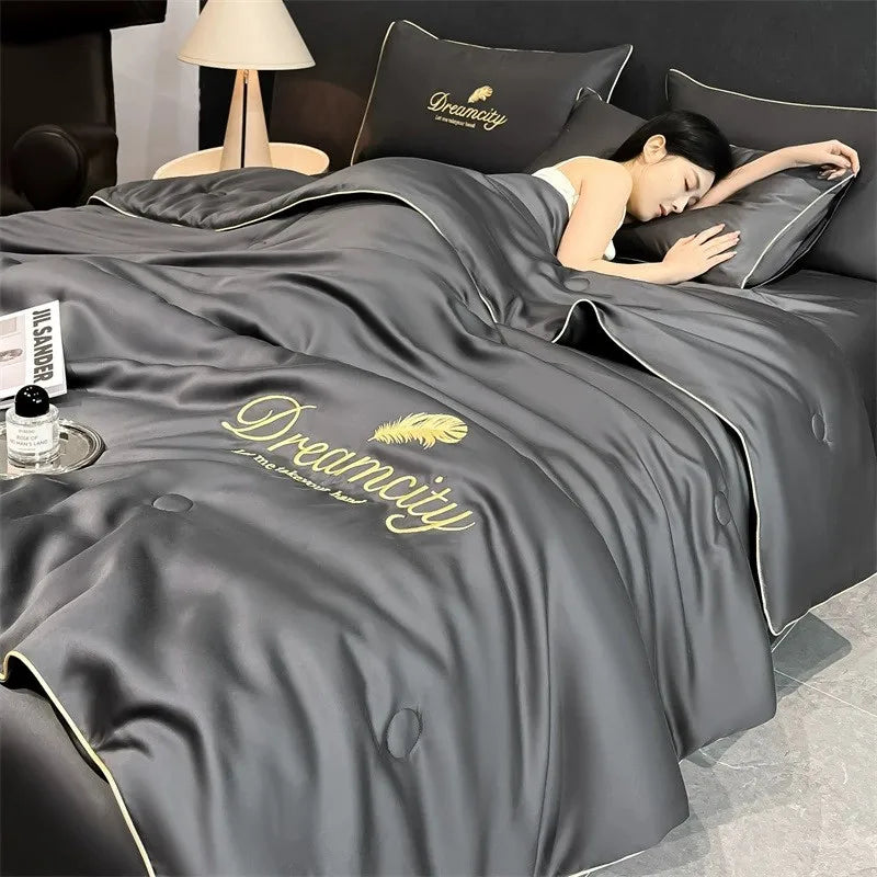 Afralia™ Nordic Style Floral Embroidered Ice Silk Comforter Set for Cooling Luxury Experience.