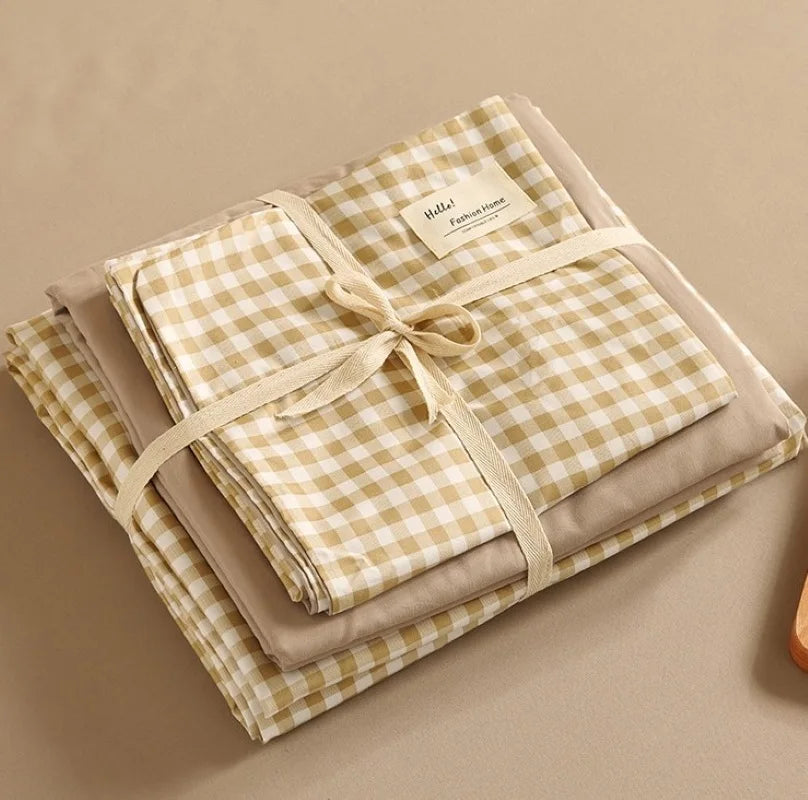 Afralia™ Japanese Grid Printed Cotton Bedding Set in Queen/King for Cozy Sleep