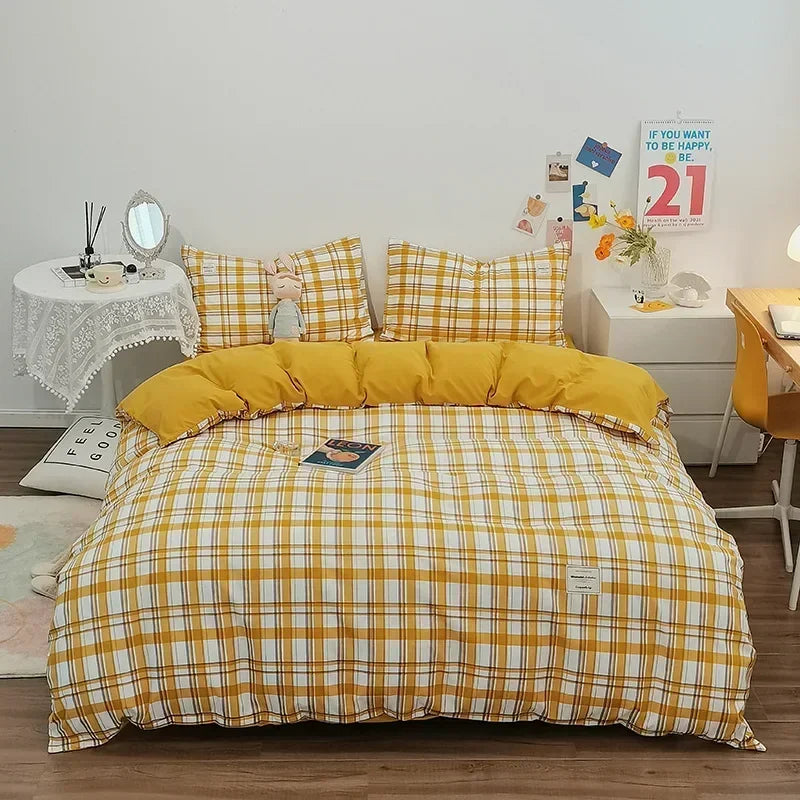 Afralia™ Japanese Grid Print Bedding Set for All Seasons, Queen/King Size Quilt Cover