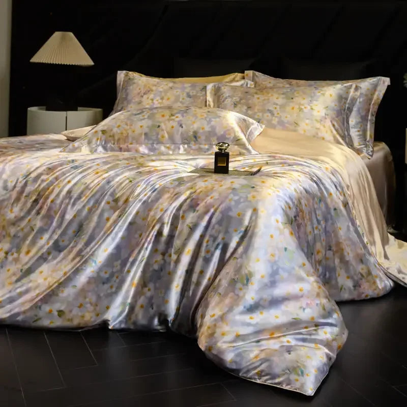 Afralia™ Mulberry Silk Cooling Bedding Set - 3D Printed Satin Fitted Sheet & Quilt Cover