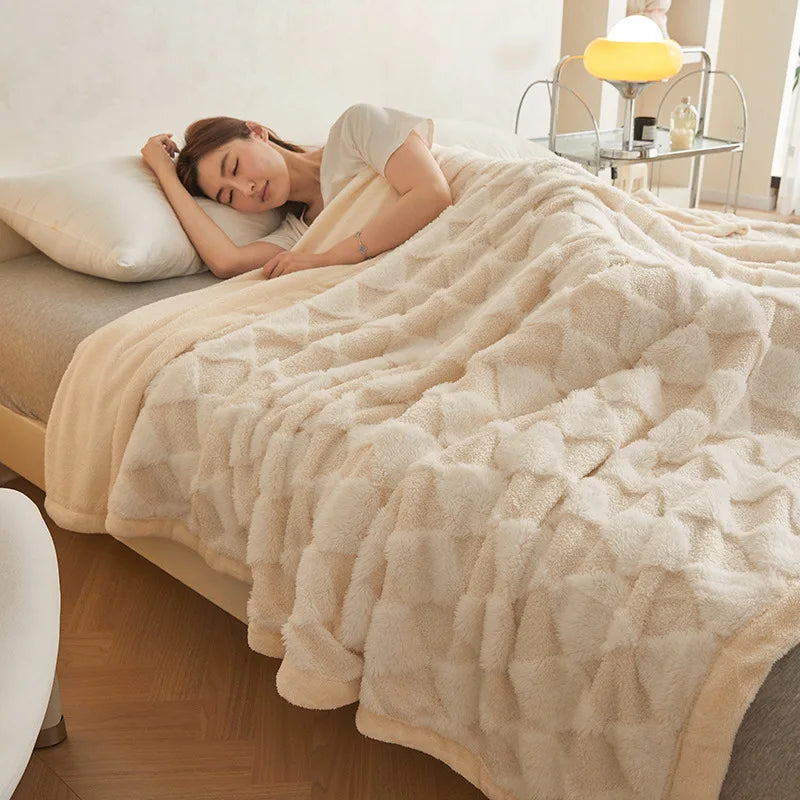 Afralia™ Rabbit Velvet Plaid Jacquard Blanket: Warm, Double Layered, Non-Fading Comforter