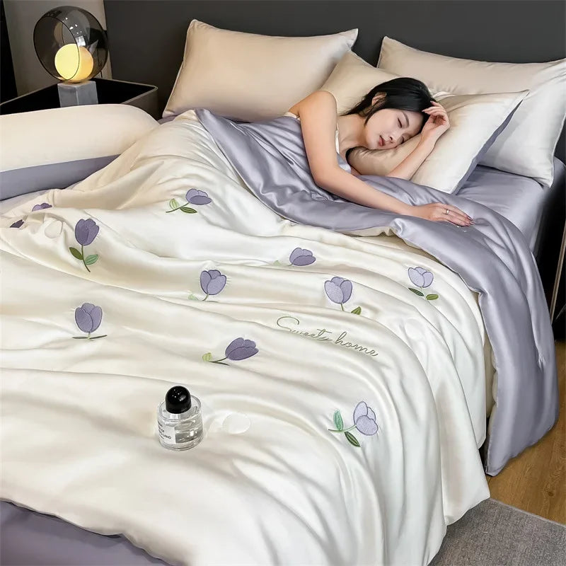 Afralia™ Washed Satin Embroidered Cool Blanket - Soft Skin-Friendly Summer Quilt