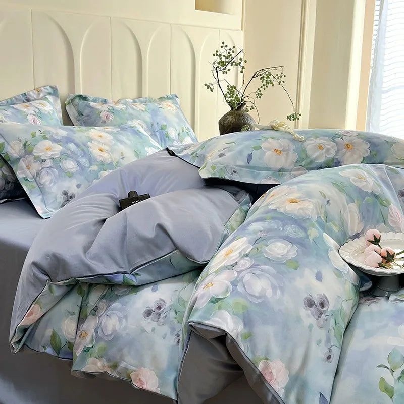 Afralia™ Satin Flower Fitted Sheet Set - Luxury 100% Cotton Print Bedding Set