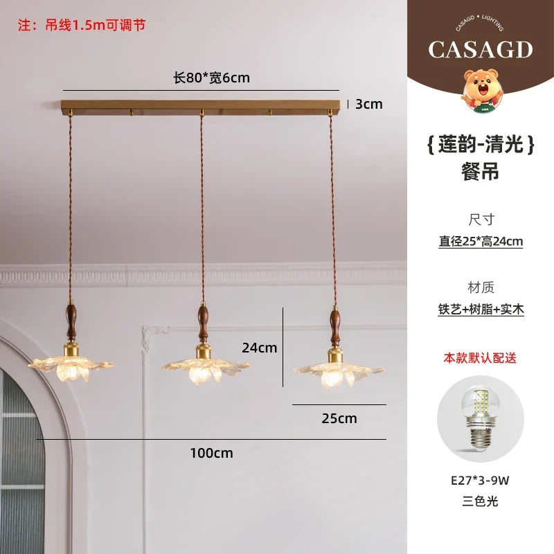 Afralia™ Walnut Wood Petal Pendant Lamp - Three Headed Lotus Rhyme Table Lamp