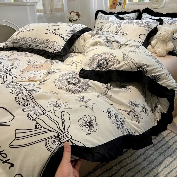 Afralia™ Black White Printed Bed Skirt Bedding Set - Cozy Skin Friendly Linens