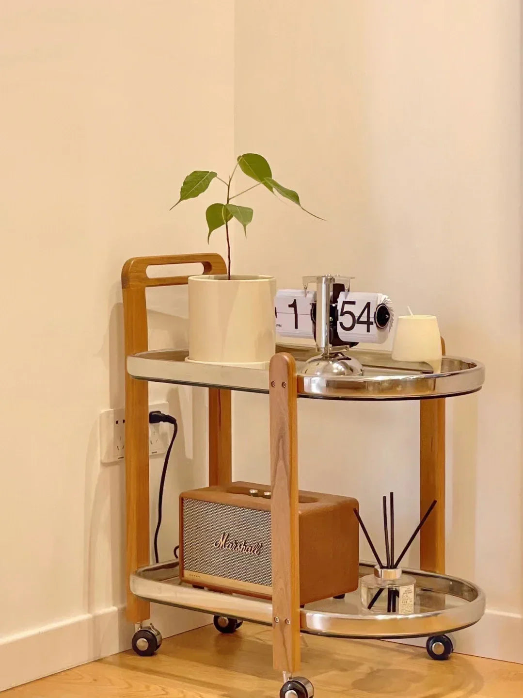 Afralia™ Nordic Wood End Table Tea Table, Movable Trolley, Glass Top, Multifunctional Storage Rack.