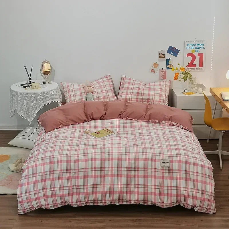 Afralia™ Japanese Grid Print Bedding Set for All Seasons, Queen/King Size Quilt Cover