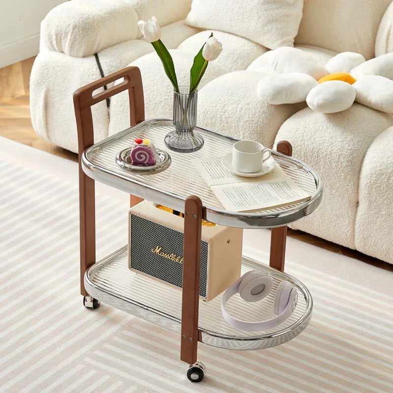 Afralia™ Nordic Wood End Table Tea Table, Movable Trolley, Glass Top, Multifunctional Storage Rack.