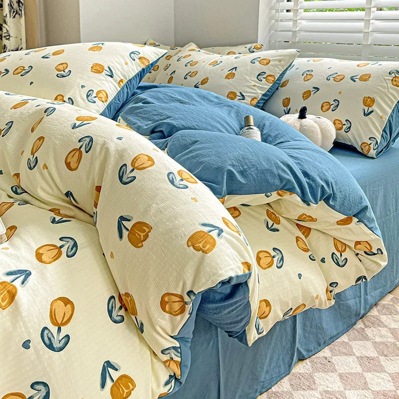Afralia™ Cotton Flower Printed Comforter Set: Breathable Double-Layer Yarn, Soft Bedding for Girls