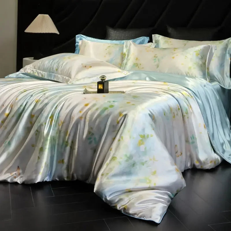 Afralia™ Mulberry Silk Cooling Bedding Set - 3D Printed Satin Fitted Sheet & Quilt Cover