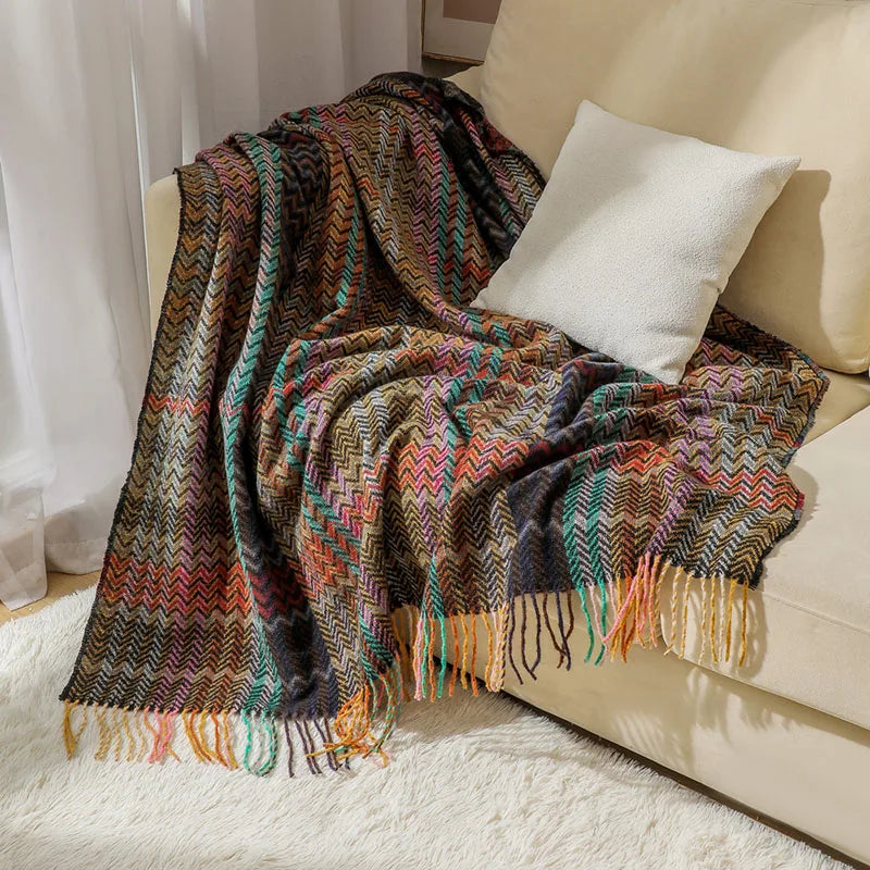 Afralia™ Ethnic Wave Woven Tassel Blanket: Multi-functional for Bed, Sofa, Table, Office Nap