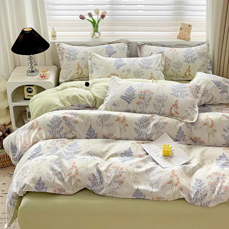 Afralia™ Twill Fabric Bed Sheet Set: Double-Sided Color Blocking, Flower Print Quilt Cover