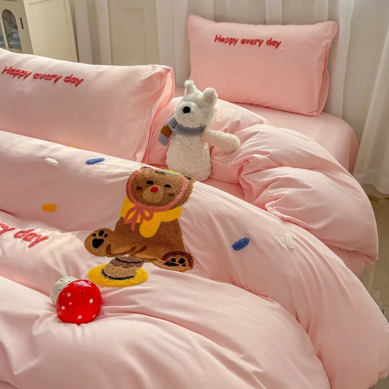 Afralia™ Cartoon Towel Embroidery Bedding Set - Queen Size Bedclothes