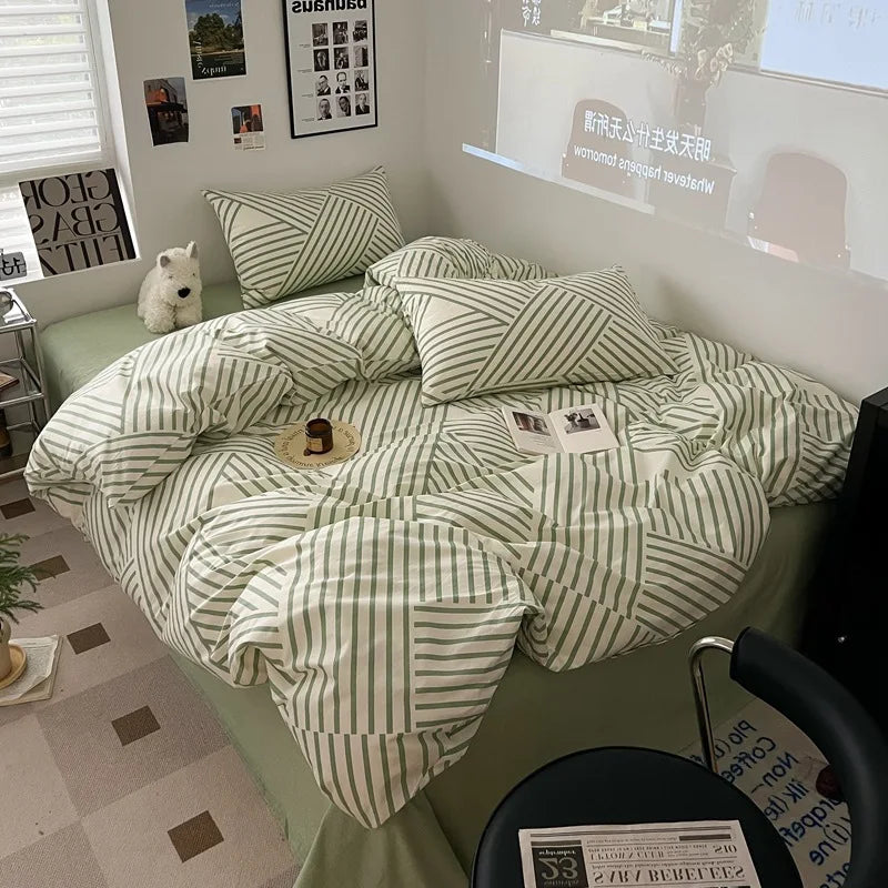 Afralia™ Grid Print Cotton Bedding Set for Single Double Beds