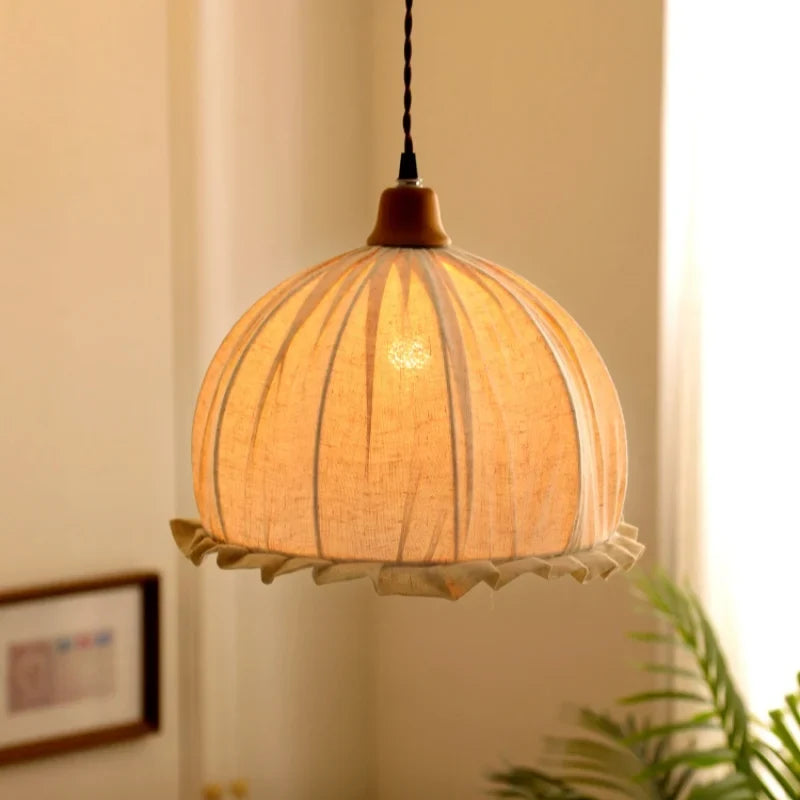 Afralia Beige Cloth LED Pendant Light: Vintage Japanese Style for Kitchen, Dining, and Living Room