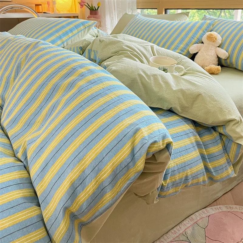 Afralia™ Cotton Striped Bedding Set Yarn Dyed Washed Duvet Cover Single Bedclothes