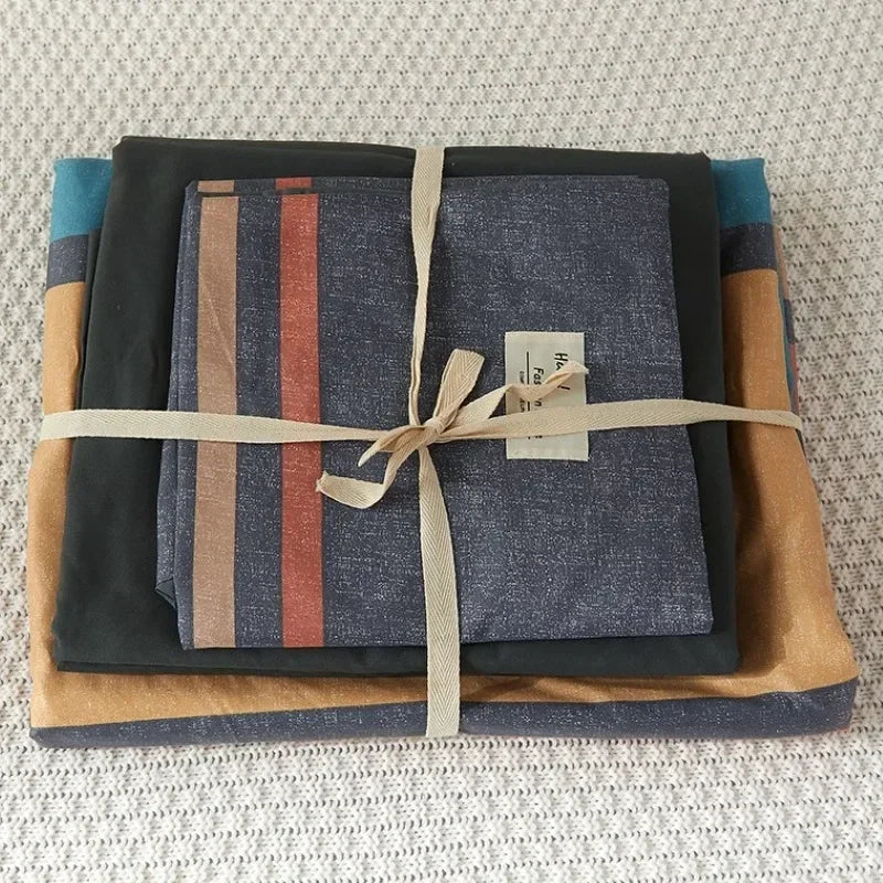 Afralia™ Japanese Grid Print Bed Set in Washed Cotton for Summer Comfort