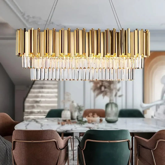 Afralia™ Gold Crystal Chandeliers for Dining Room Kitchen Island - Luxury Oval Pendant Lights Fixture