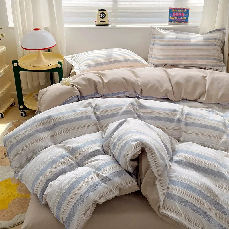 Afralia™ Twill Fabric Bed Sheet Set: Double-Sided Color Blocking, Flower Print Quilt Cover