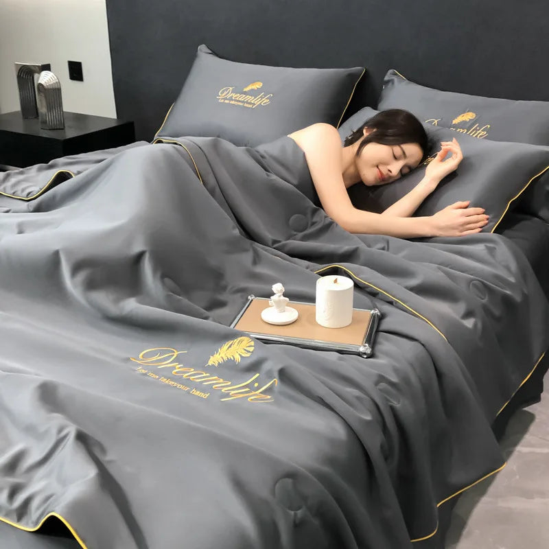 Afralia™ Silky Embroidery Cooling Quilt Set for Cozy Single Double Bed Comfort.