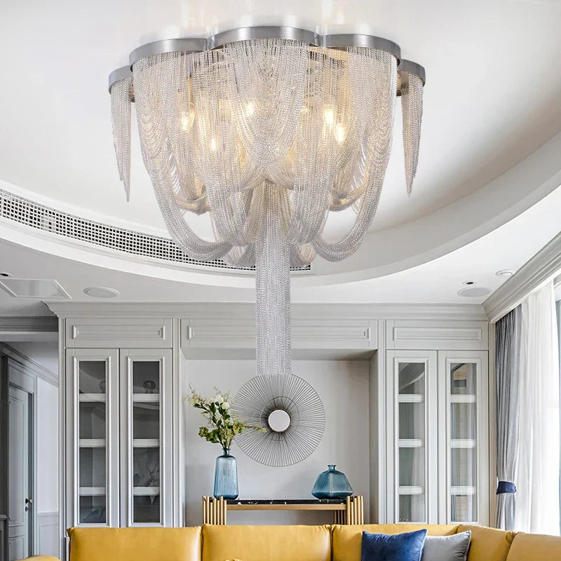 Afralia™ Circular Chrome Chain Pendant Light LED Ceiling Aluminum Living Room Luxe Chrome Gloss Light