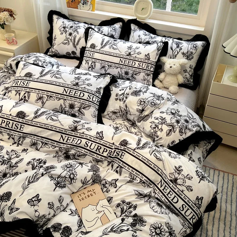 Afralia™ Black White Printed Bed Skirt Bedding Set - Cozy Skin Friendly Linens