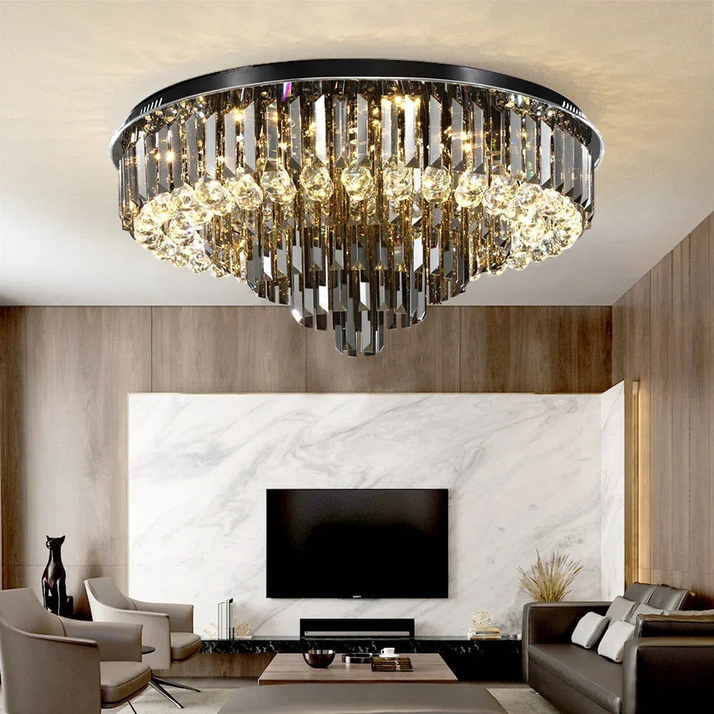 Afralia™ Round Crystal Ceiling Chandelier - Modern Black Gold Living Room Lighting