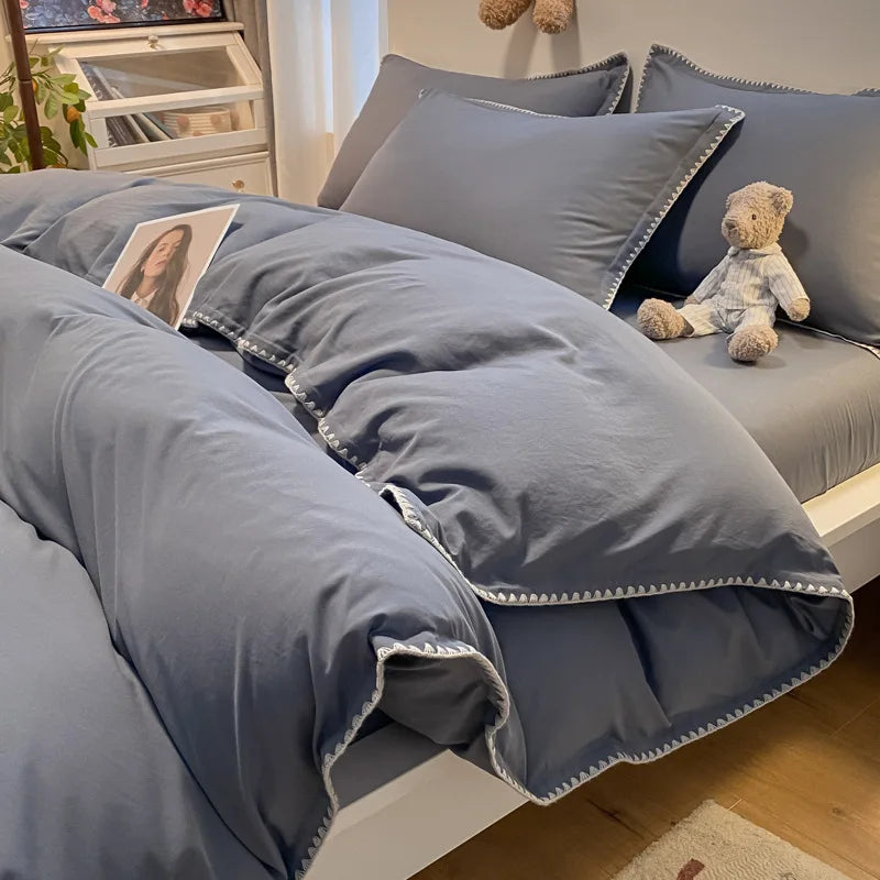 Afralia™ Solid Color Shell Edge Bed Set: Soft, Skin-Friendly, Non-Fading. Single Queen Size.