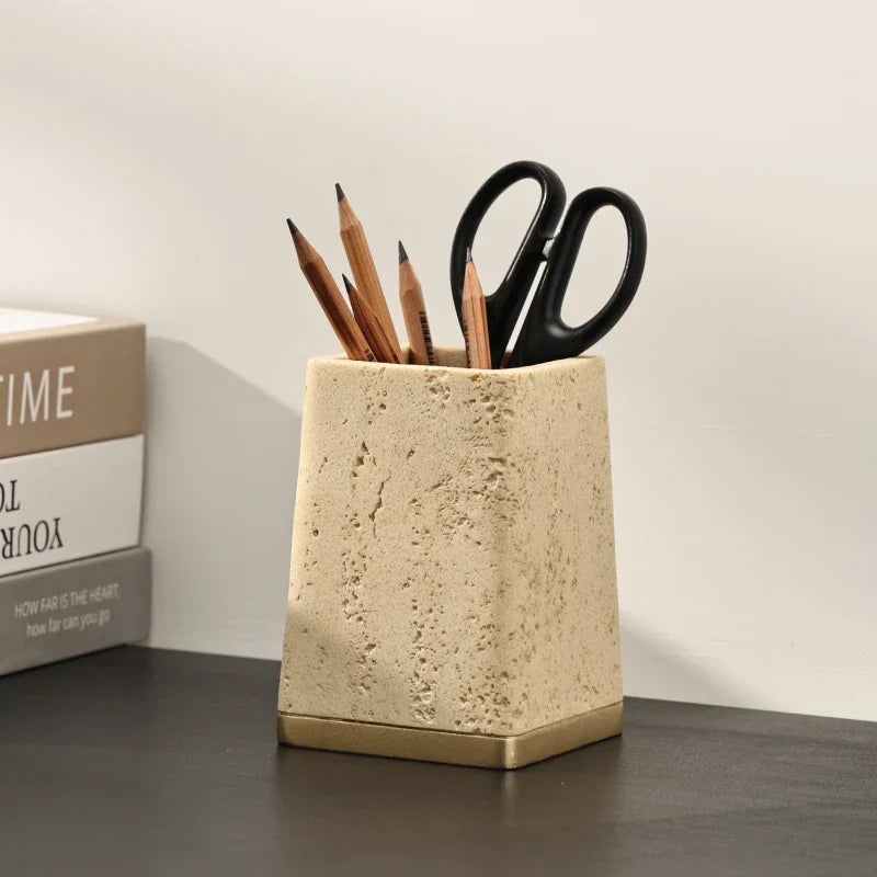 Afralia™ Yellow Cave Stone Pen Holder, Desktop Organizer & Home Decor