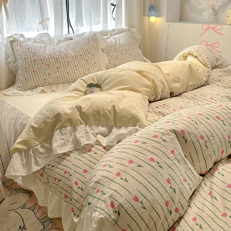 Afralia™ French Washed Cotton Princess Flower Quilt Cover Set - Spring Floral Bedding