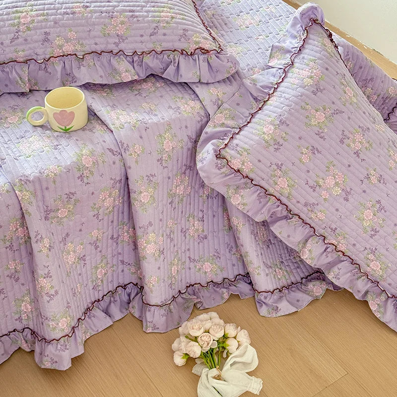Afralia™ Princess Quilted Bed Cover: Korean Washed Cotton, Single, Lace Detail, Skin-Friendly Fabrics