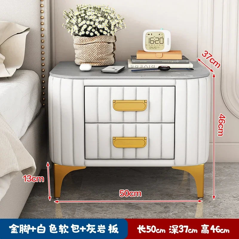 Afralia™ Rock Bed Edge Cabinet with Drawers, Modern Luxury Leather Master Bedroom Bedside Table