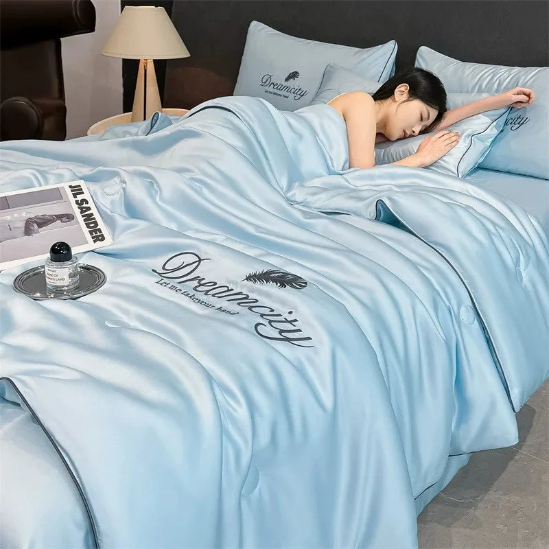 Afralia™ Nordic Style Floral Embroidered Ice Silk Comforter Set for Cooling Luxury Experience.