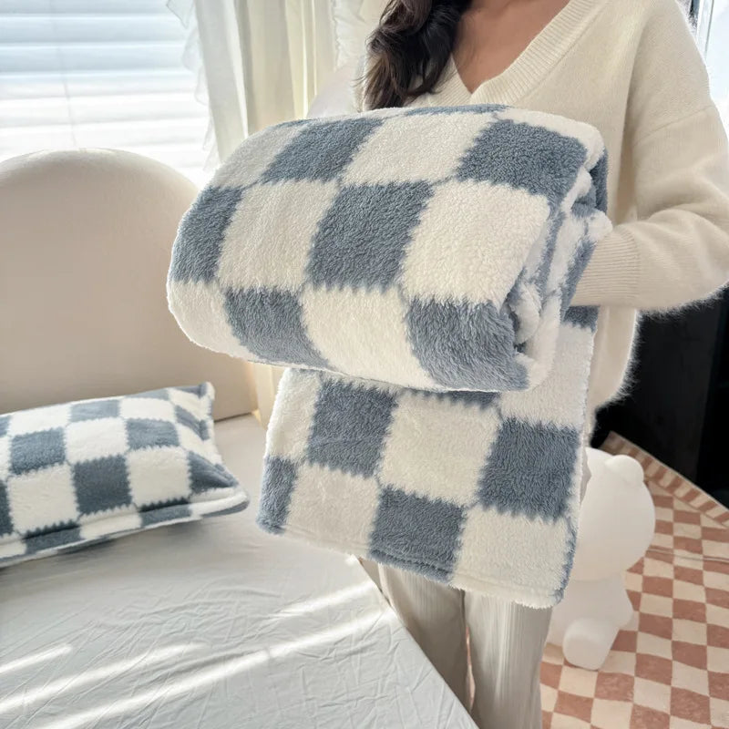 Afralia™ Nordic Grid Checkerboard Coral Fleece Blanket - All Season Sofa Cover for Adults
