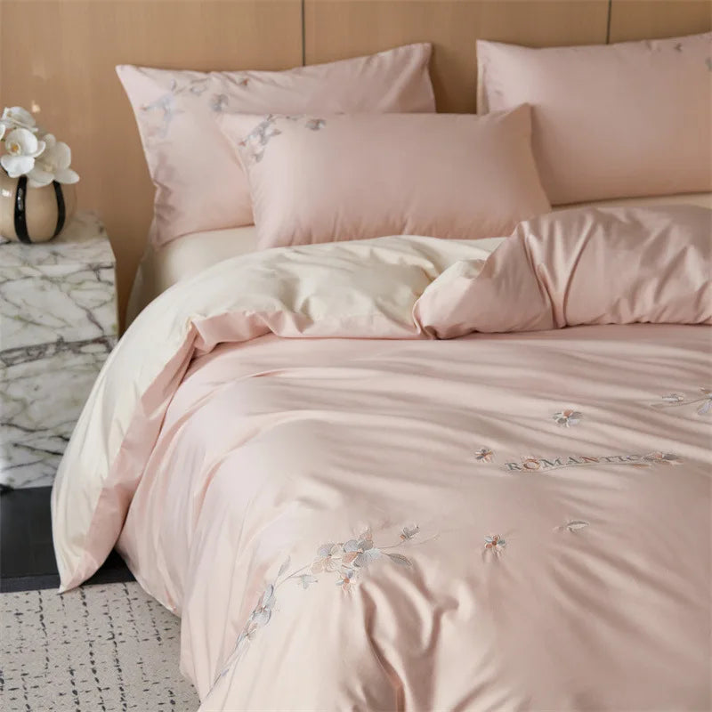 Afralia™ Luxury 100S Long Staple Cotton Embroidery Bedding Set, Ultra Soft Solid Duvet Cover, Double King Size