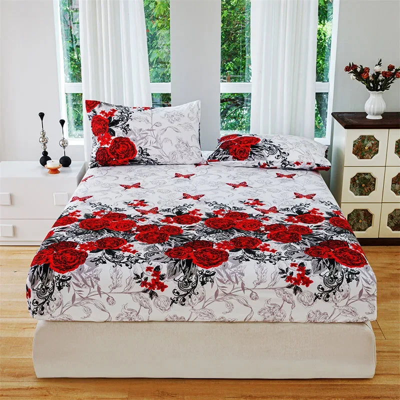 Floral Print Fitted Sheet & Pillowcase Set by Afralia™ for All Seasons