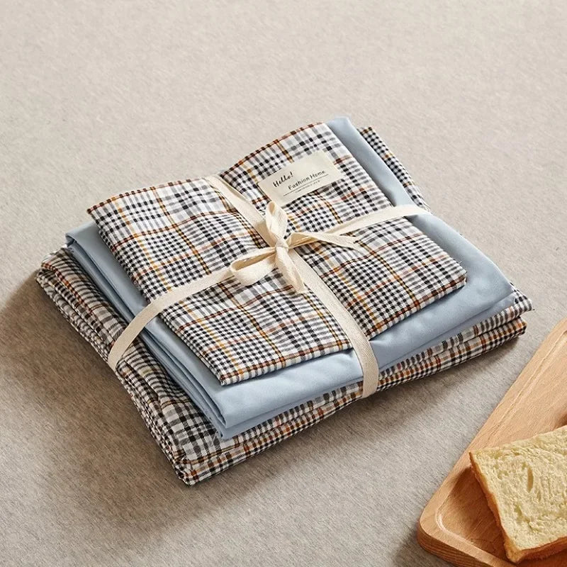 Afralia™ Japanese Grid Print Bed Set in Washed Cotton for Summer Comfort