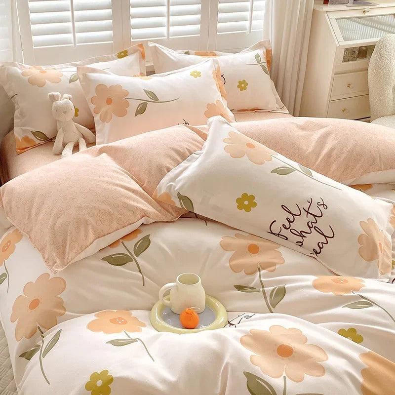 Afralia™ Twill Fabric Bed Sheet Set: Double-Sided Color Blocking, Flower Print Quilt Cover