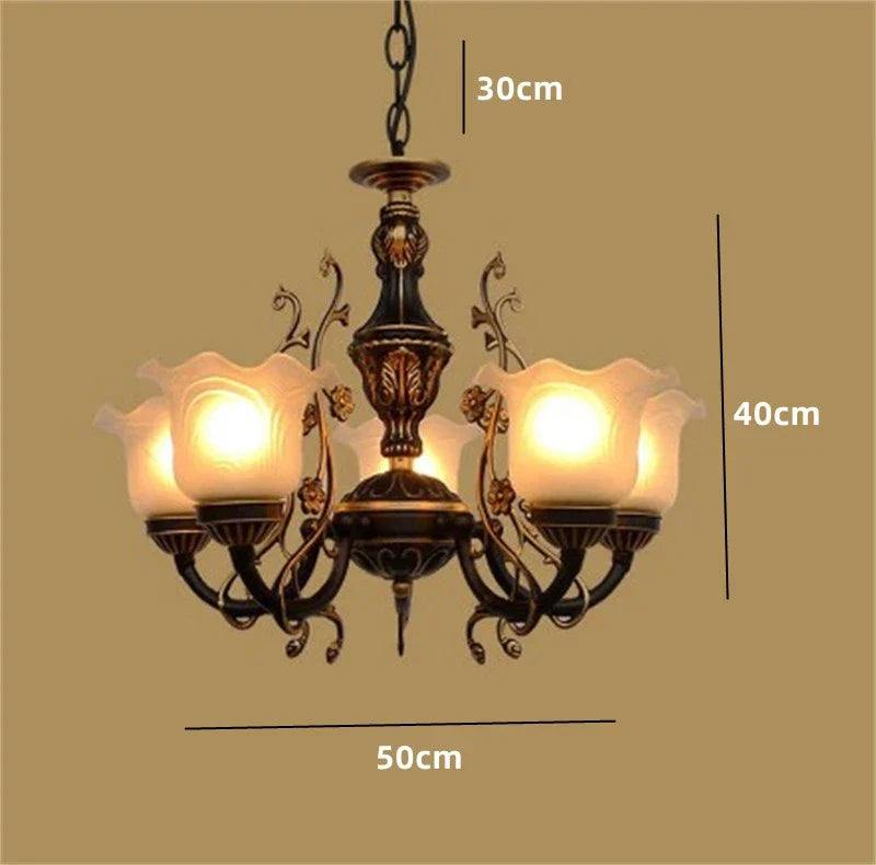 Afralia™ Classic Wrought Iron Chandelier with Glass Lampshade for Home Decor Lighting