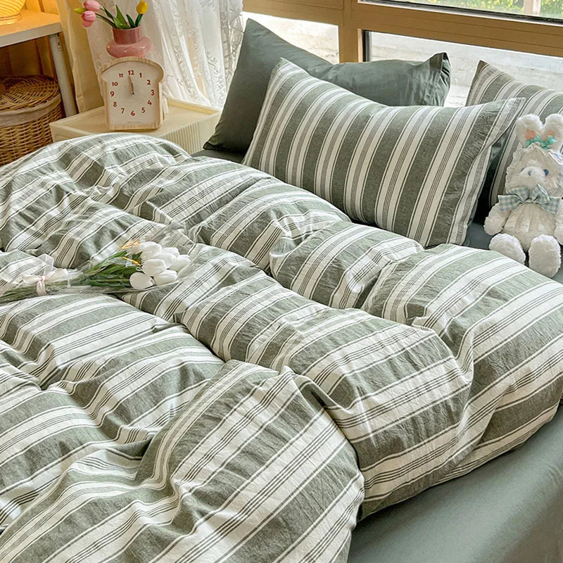 Afralia™ Cotton Striped Bedding Set Yarn Dyed Washed Duvet Cover Single Bedclothes