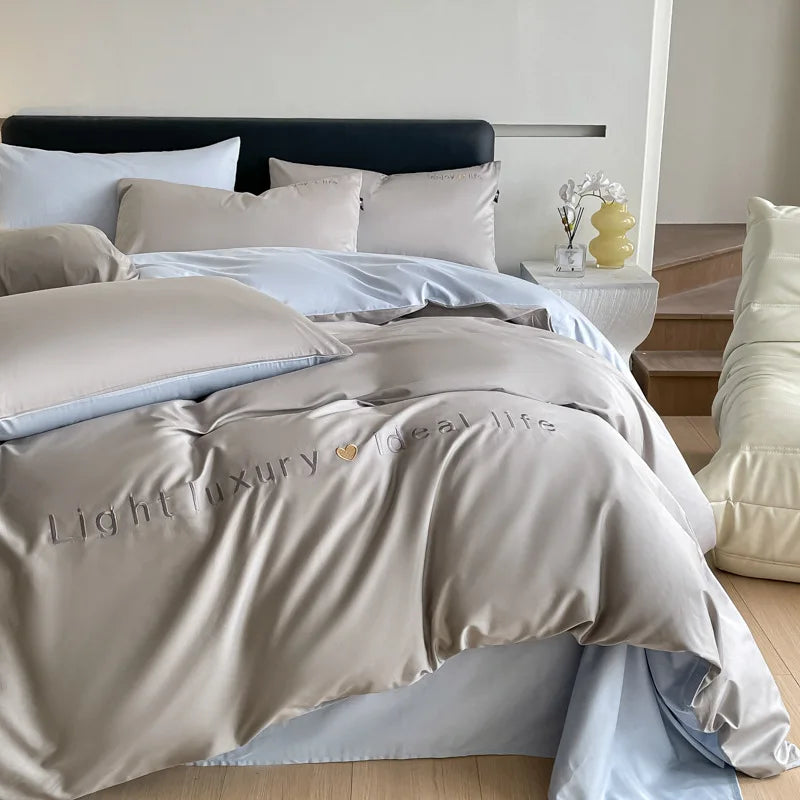 Afralia™ 120S Long Staple Cotton Satin Embroidery Bedding Set - Solid Color Twin Full Double Comforter