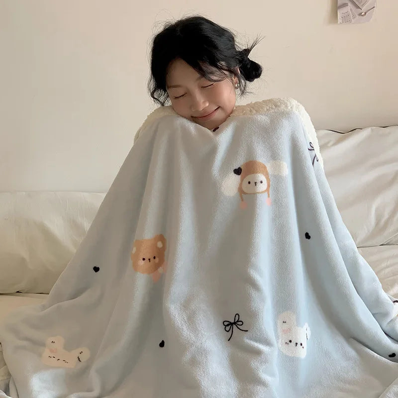 Afralia™ Cartoon Lamb Wool Blanket - Thick, Printed Coral Fleece Sofa Cover