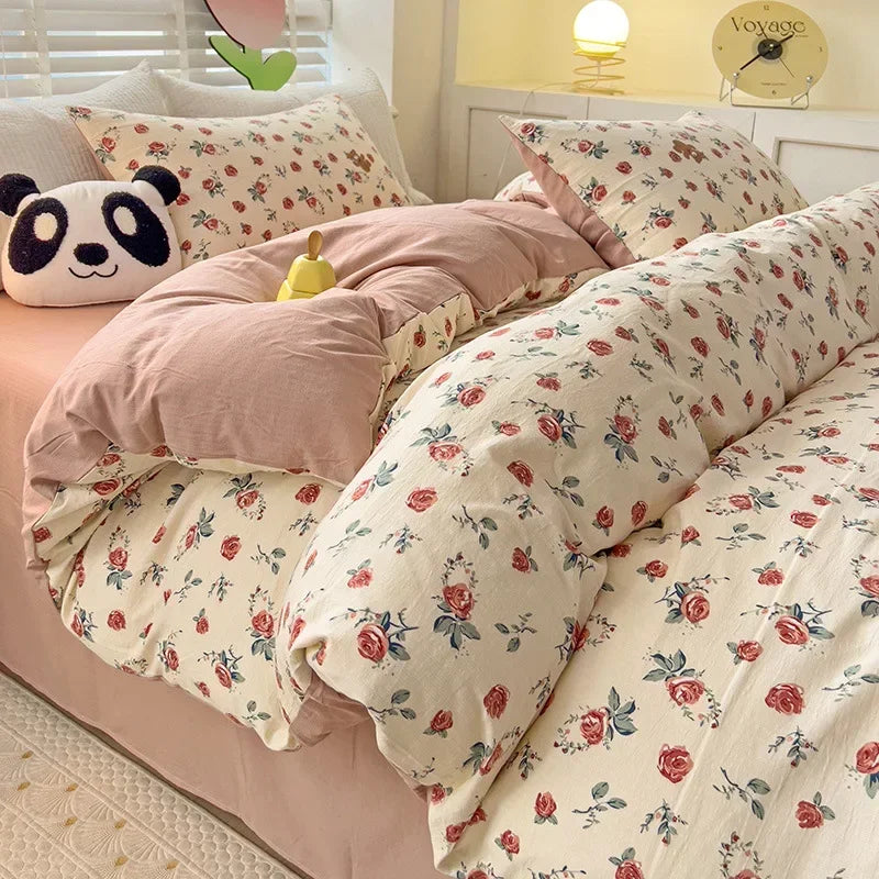 Afralia™ Floral Printed Cotton Bed Set: Cute, Soft, Comfortable 4-Piece Duvet Cover & Sheet