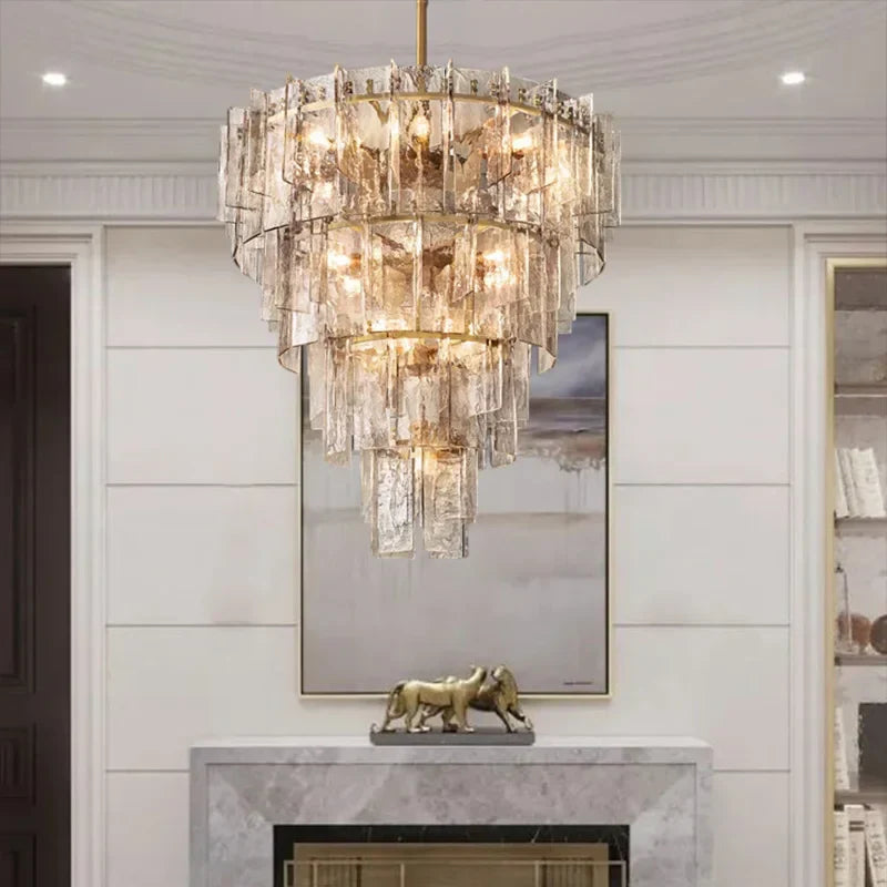 Afralia™ LED Gold Smoky Gray Glass Chandelier - Creative Living Room Ceiling Fixture