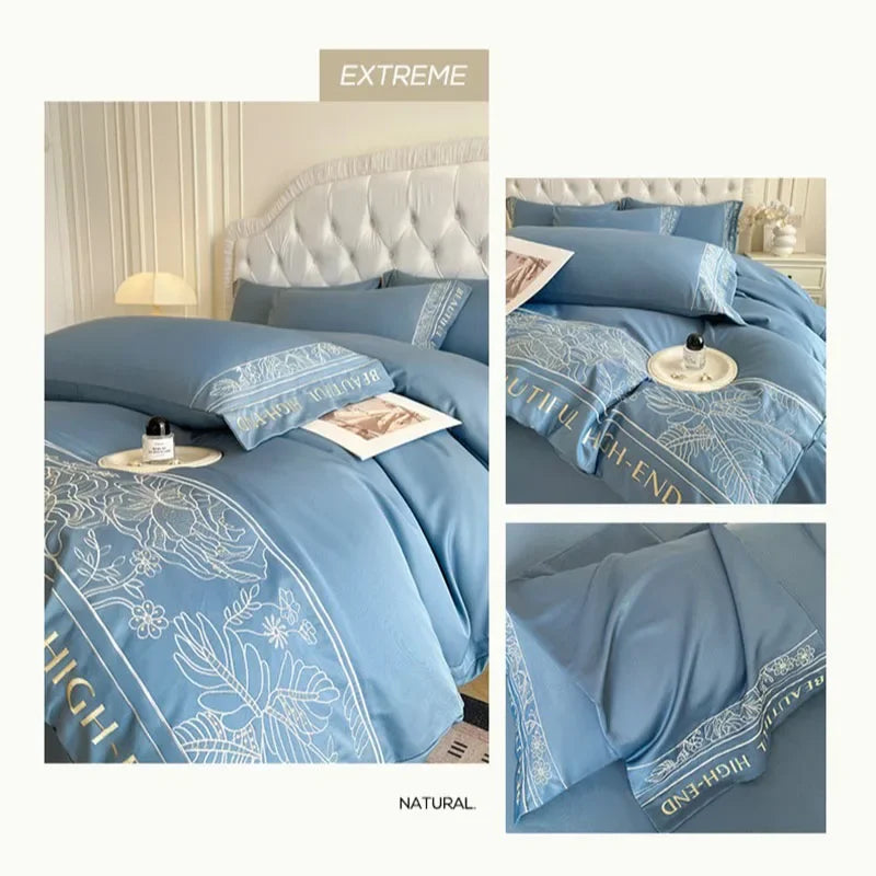 Afralia™ Embroidery Faux Silk Bedding Set Double Bedsheet Kit