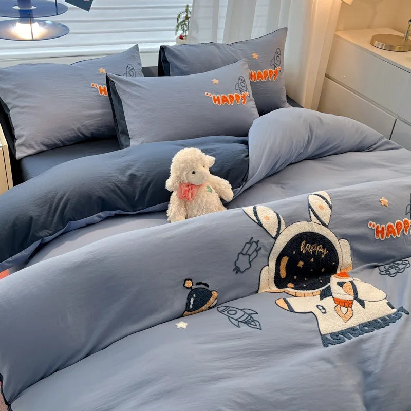 Afralia™ Cartoon Embroidered Cotton Bedding Set for King/Queen Beds