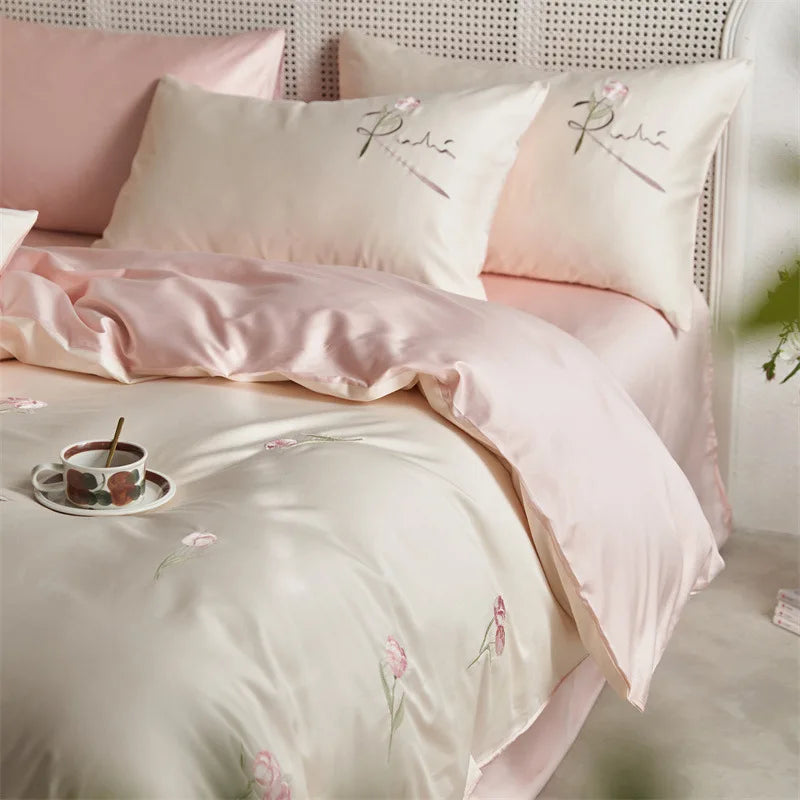 Afralia™ Luxury 100S Long Staple Cotton Embroidery Bedding Set, Ultra Soft Solid Duvet Cover, Double King Size